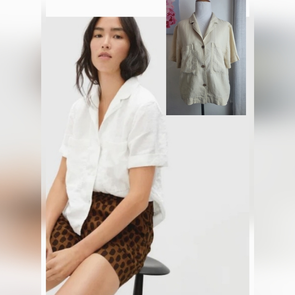 Everlane Linen Beige Notched Collar Striped Short Sleeve Top Blouse Boxy XL